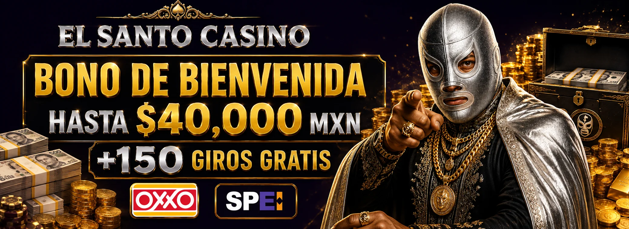Bono de bienvenida de hasta $40,000 MXN y 150 giros gratis en El Santo Casino