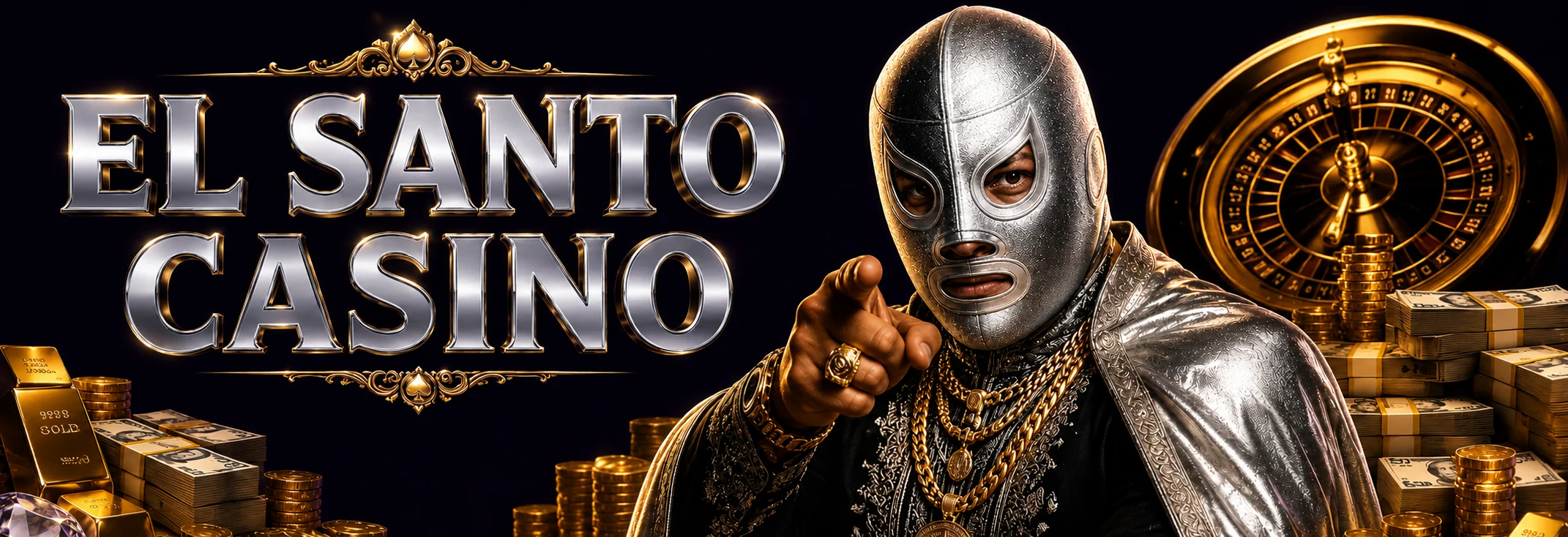 Máscara de plata de El Santo sobre fondo violeta con monedas de oro y el bono de $40,000 MXN de El Santo Casino